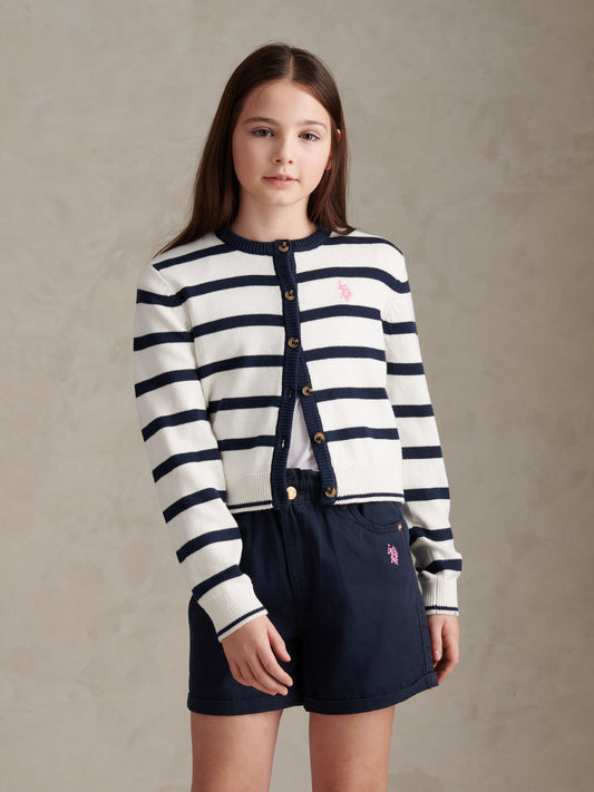 Girls Striped Knit Cardigan Bright White