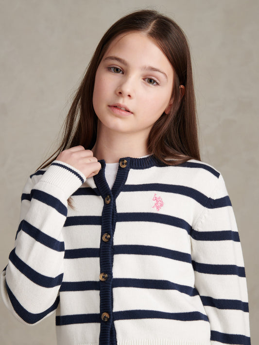 Girls Striped Knit Cardigan Bright White
