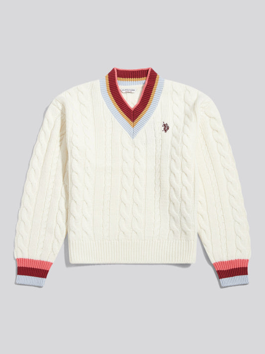 Girls Stripe Cable Knit Cricket Jumper Marshmallow