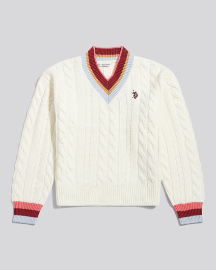 Girls Stripe Cable Knit Cricket Jumper Marshmallow