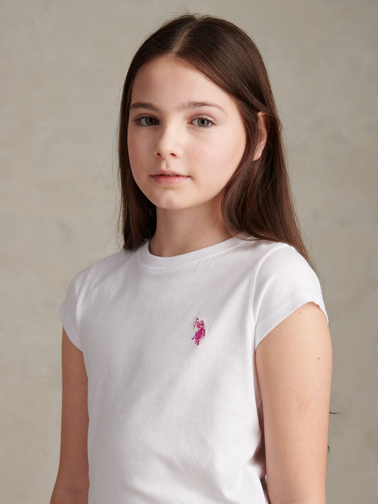 Girls Double Horsemen Cap Sleeve T-Shirt Bright White