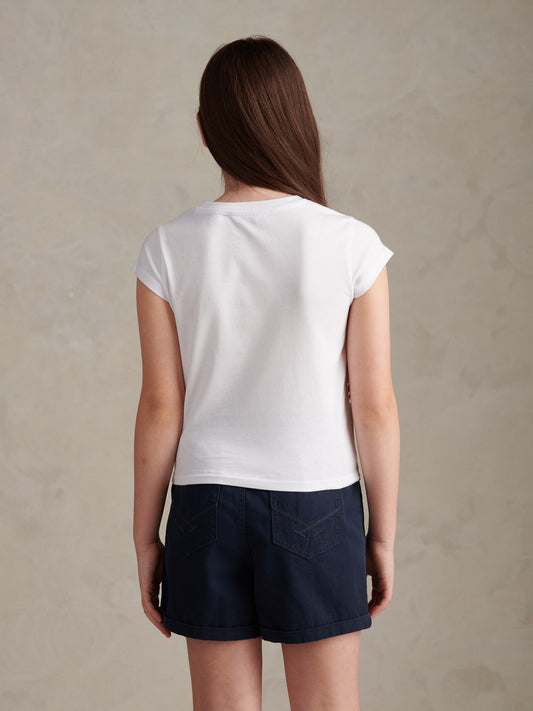 Girls Double Horsemen Cap Sleeve T-Shirt Bright White