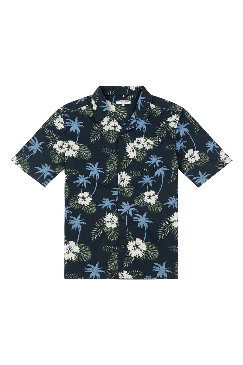 Boys Tropical Print Short Sleeve Shirt in Navy Blue