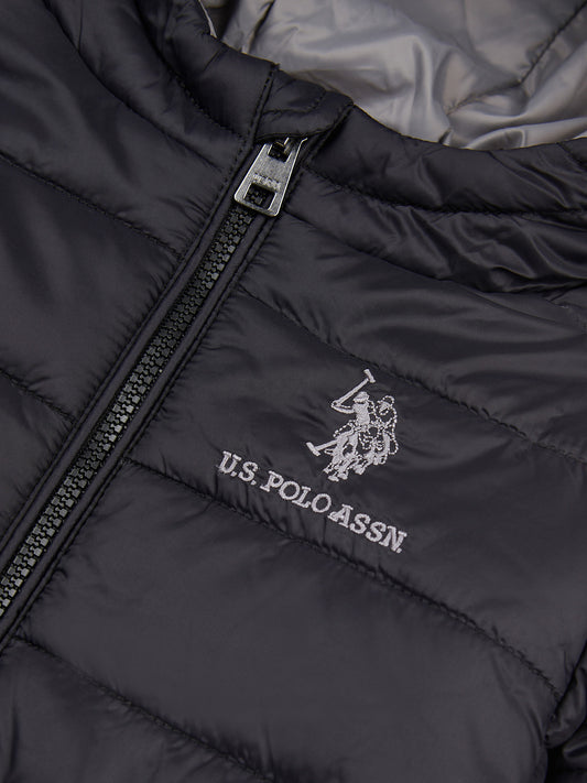 Boys Hooded Quilted Jacket with Peak in Black