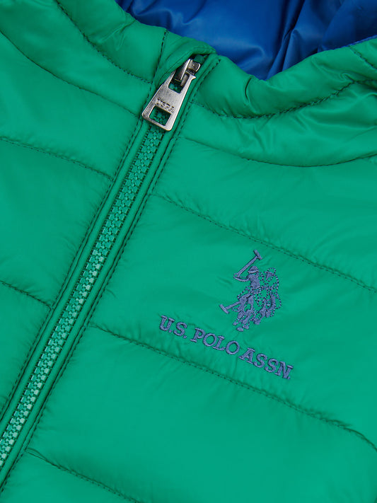 Boys Hooded Quilted Jacket with Peak in Golf Green