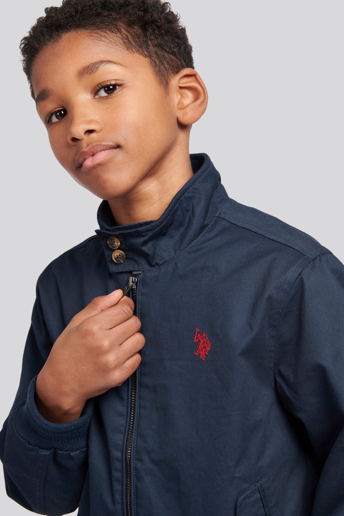 Boys Cotton Twill Harrington Jacket in Dark Sapphire Navy / Haute Red DHM