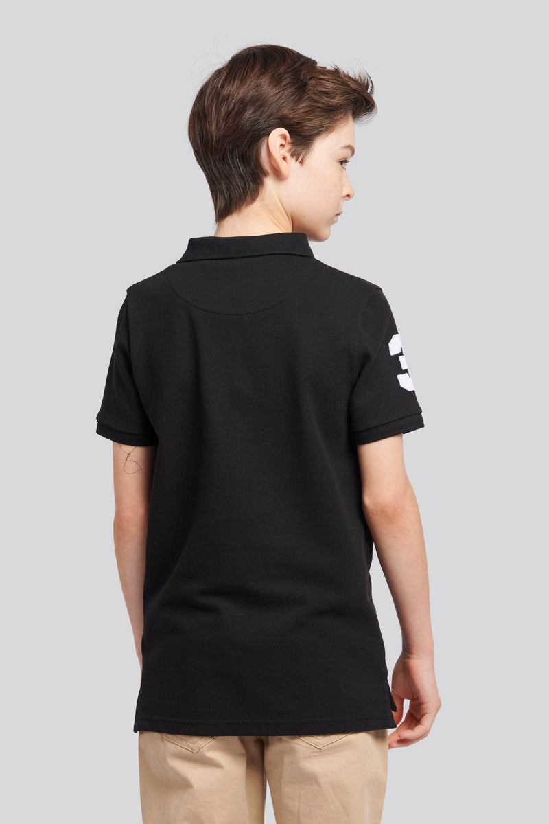 Boys Player 3 Pique Polo Shirt in Black Bright White DHM