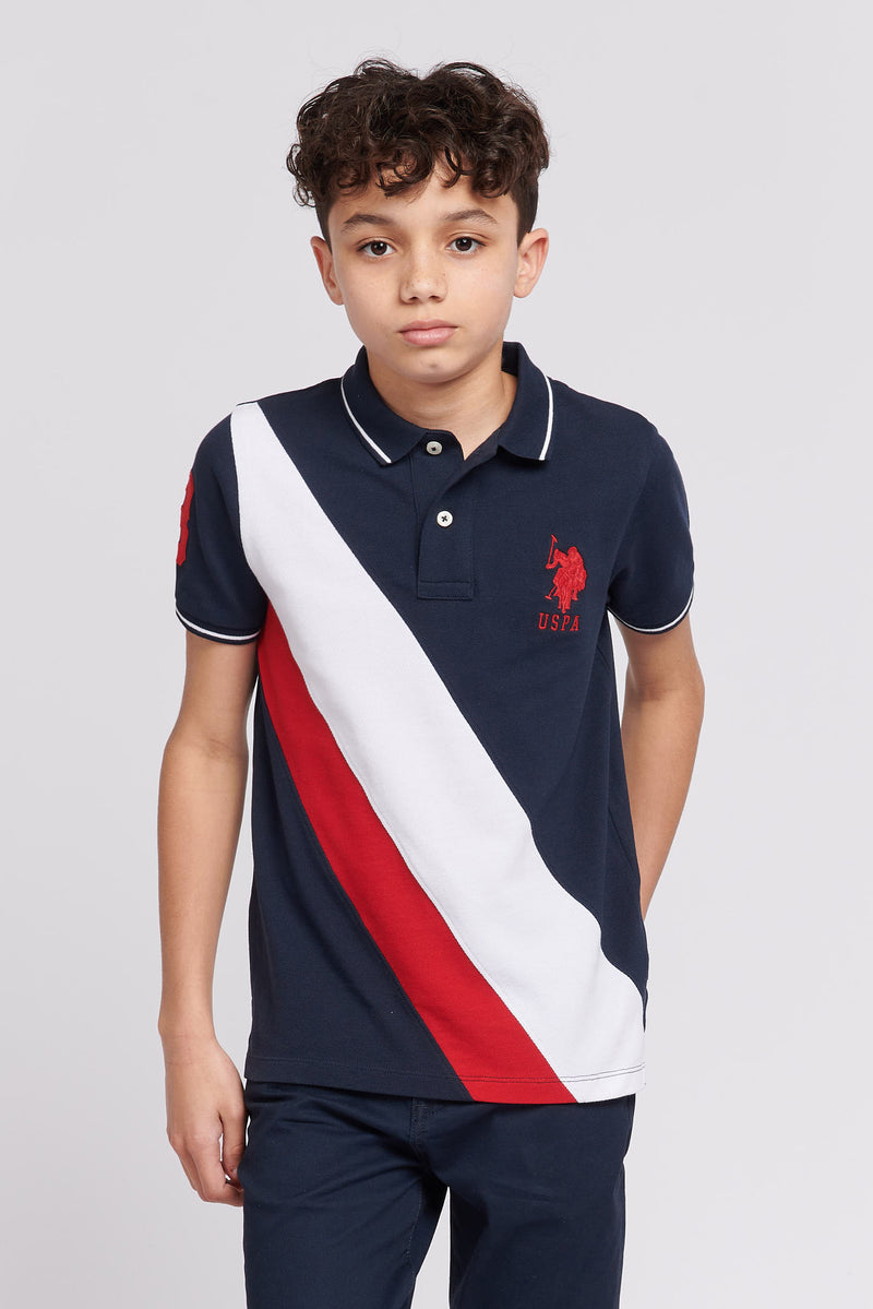Boys Player 3 Sash Polo Shirt in Dark Sapphire Navy / Haute Red DHM