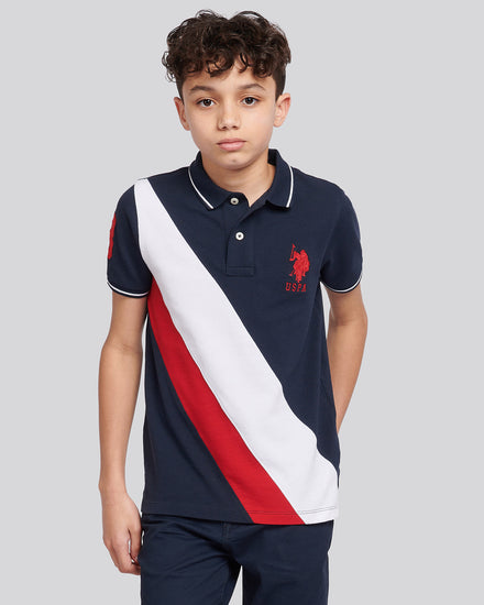Boys Player 3 Sash Polo Shirt in Dark Sapphire Navy / Haute Red DHM