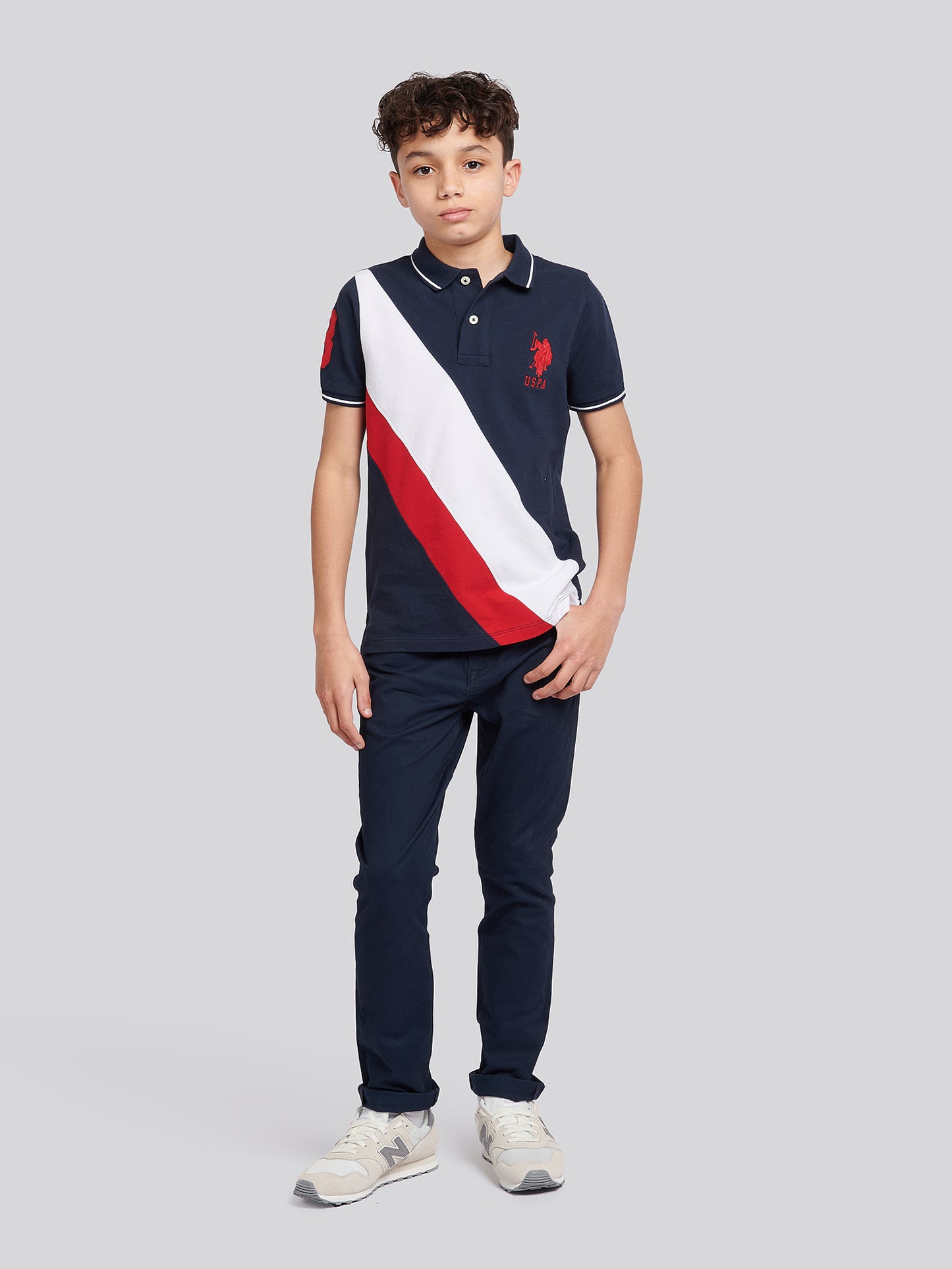 Boys Player 3 Sash Polo Shirt in Dark Sapphire Navy / Haute Red DHM