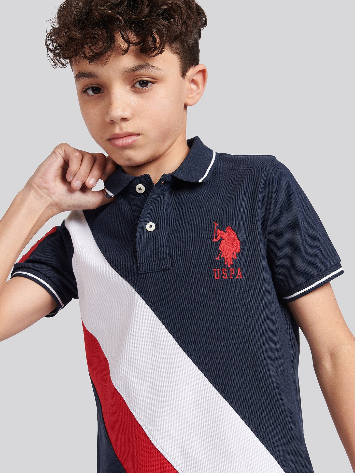 Boys Player 3 Sash Polo Shirt in Dark Sapphire Navy / Haute Red DHM