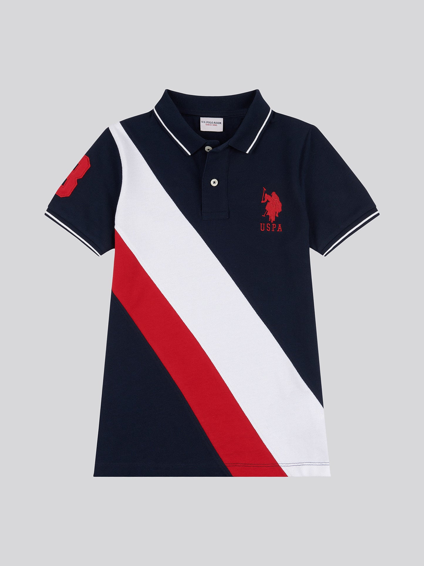 Boys Player 3 Sash Polo Shirt in Dark Sapphire Navy / Haute Red DHM