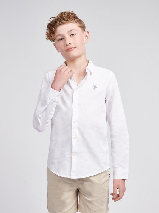 Boys Linen Blend Shirt in Bright White / Harbour Mist