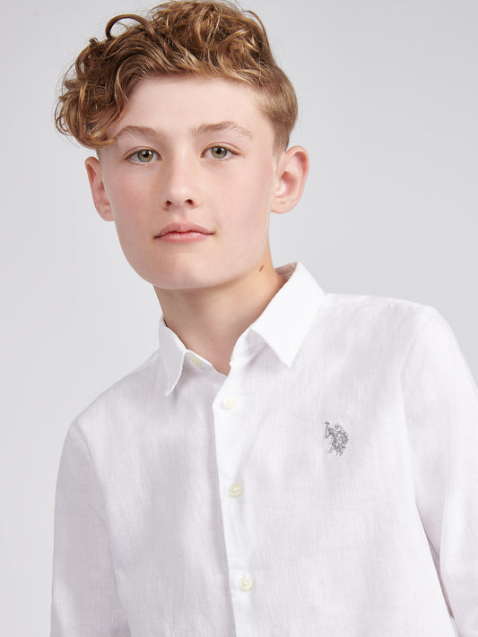 Boys Linen Blend Shirt in Bright White / Harbour Mist