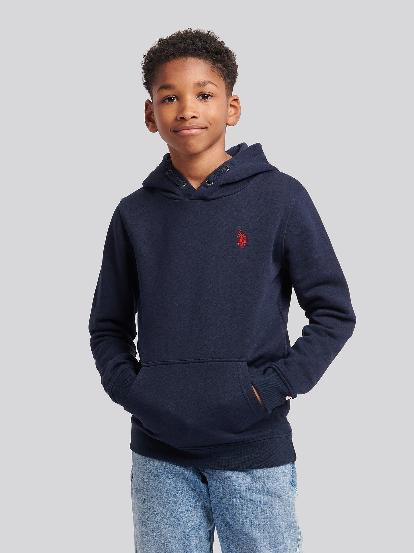 Boys Double Horsemen Brush Back Hoodie in Dark Sapphire Navy / Haute Red DHM