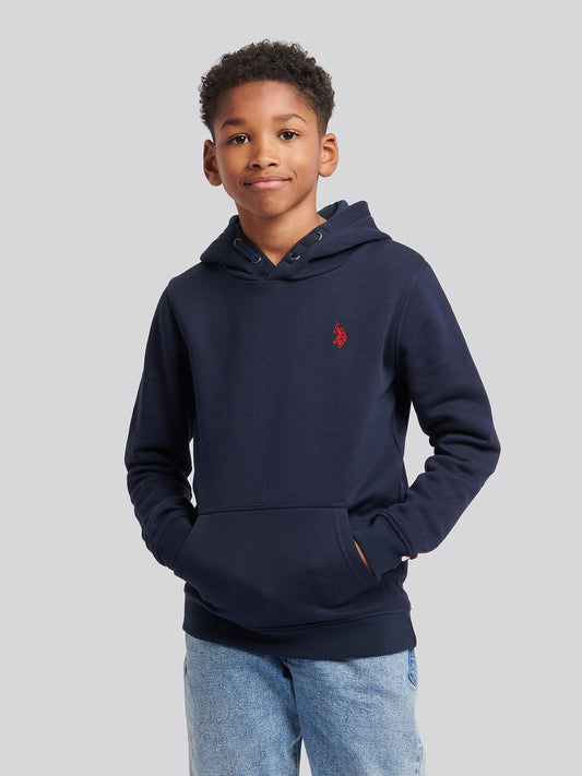 Boys Double Horsemen Brush Back Hoodie in Dark Sapphire Navy / Haute Red DHM