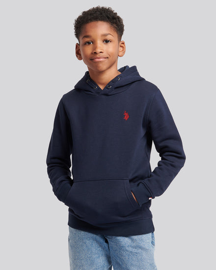 Boys Double Horsemen Brush Back Hoodie in Dark Sapphire Navy / Haute Red DHM