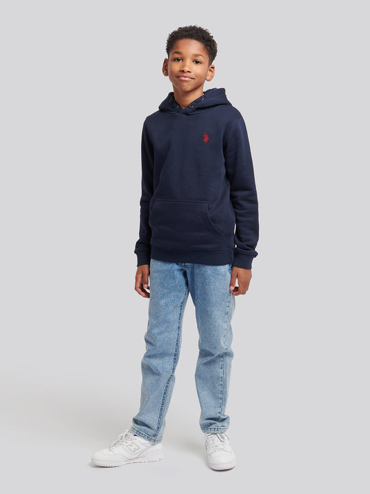 Boys Double Horsemen Brush Back Hoodie in Dark Sapphire Navy / Haute Red DHM