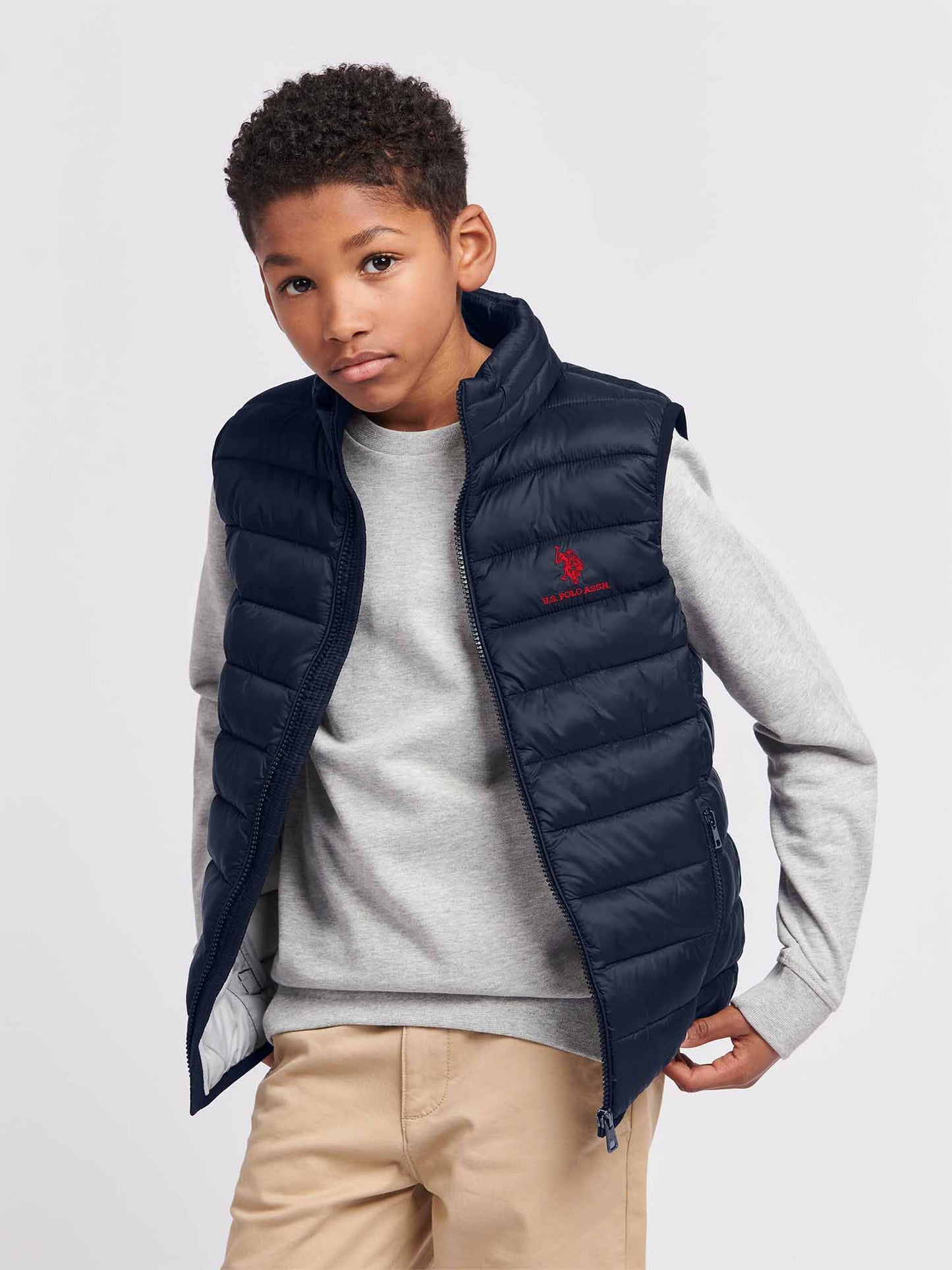 Boys Bound Quilted Gilet in Dark Sapphire Navy / Haute Red DHM