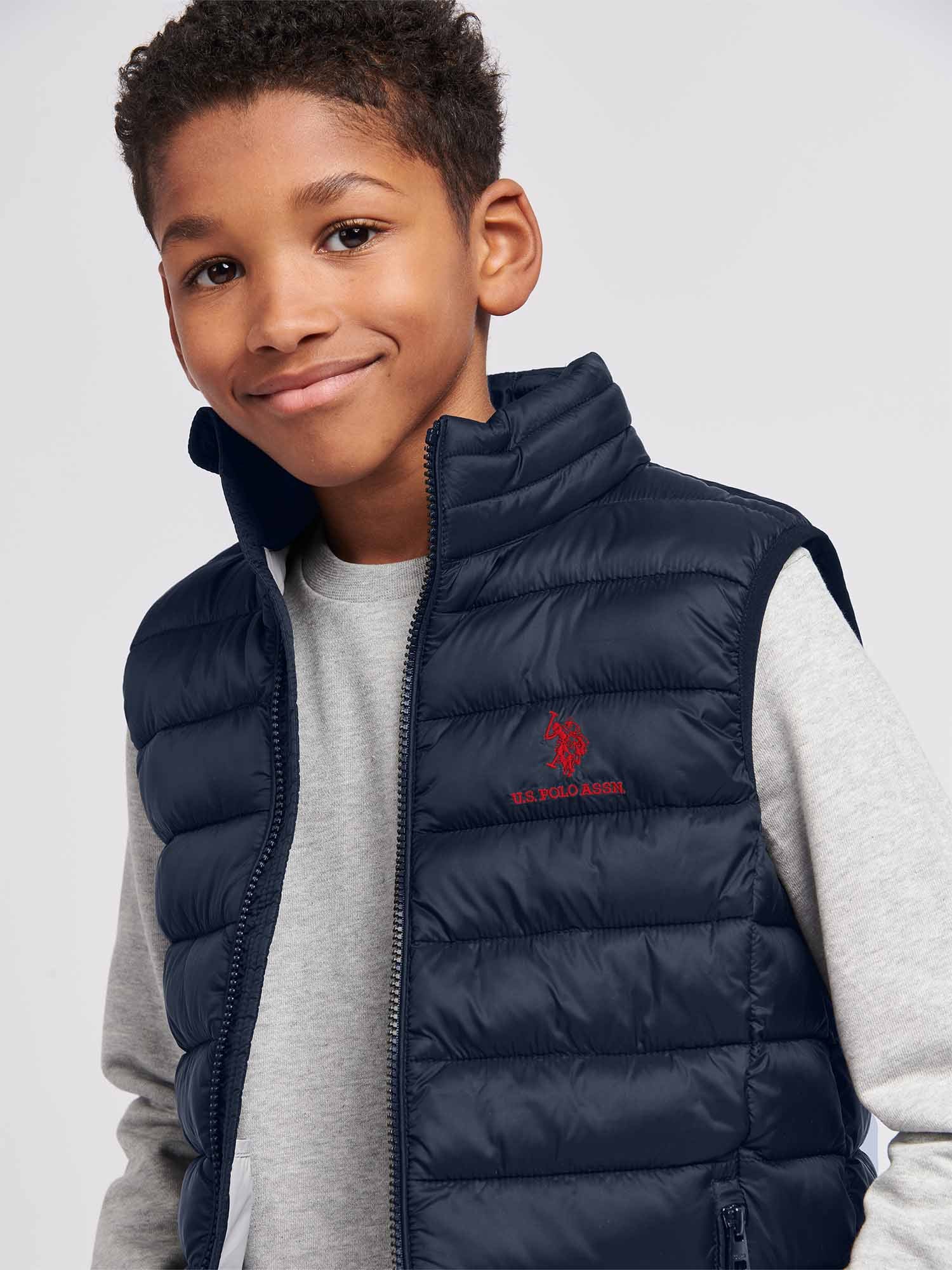 Boys Bound Quilted Gilet in Dark Sapphire Navy Haute Red DHM