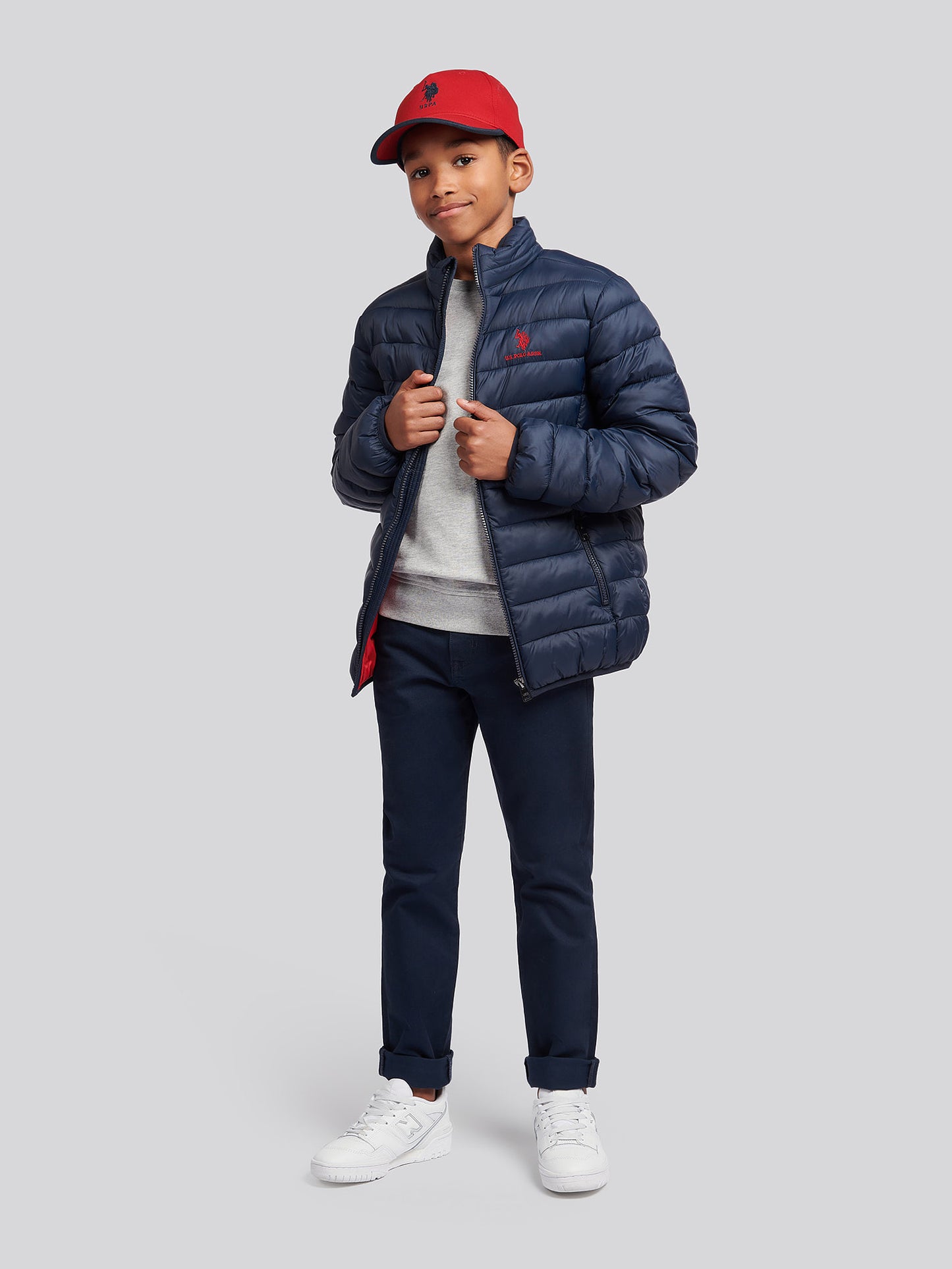 Boys Lightweight Bound Quilted Jacket in Dark Sapphire Navy / Haute Red DHM