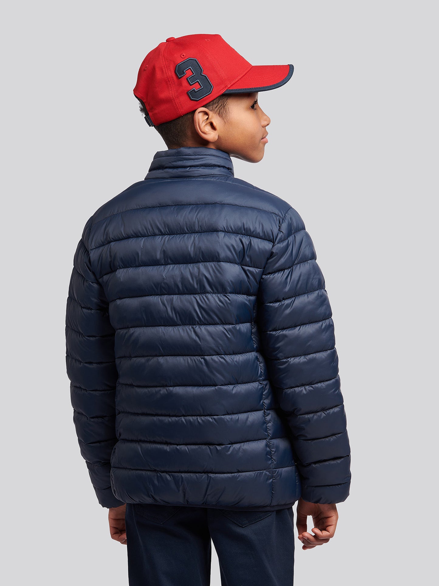 Boys Lightweight Bound Quilted Jacket in Dark Sapphire Navy / Haute Red DHM