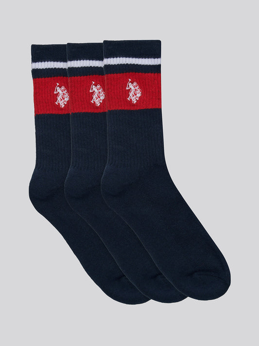 Three Pack Brand Stripe Sports Socks in Dark Sapphire Navy