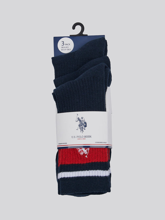 Three Pack Brand Stripe Sports Socks in Dark Sapphire Navy