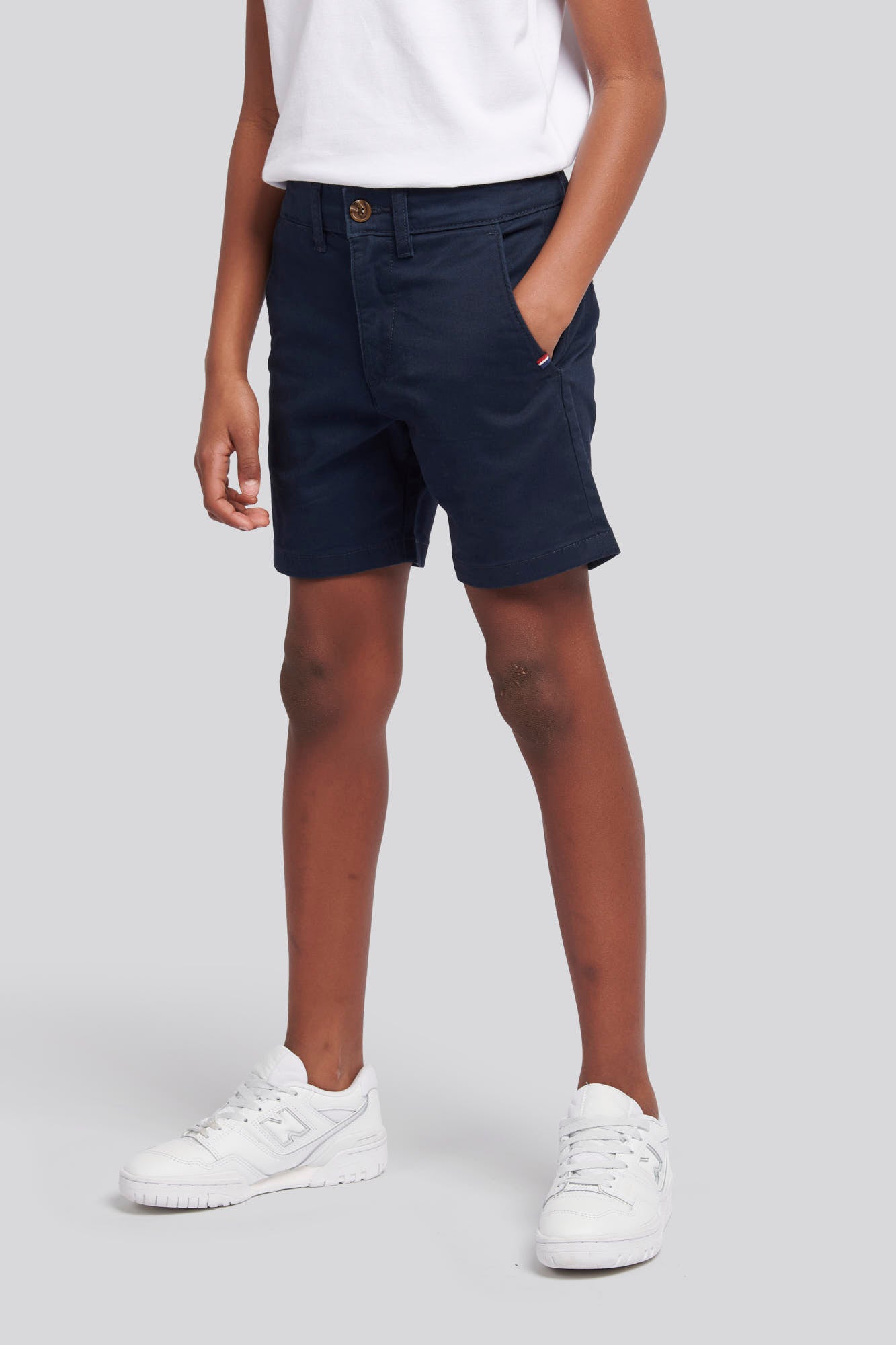 Boys Classic Chino Shorts in Dark Sapphire Navy / Haute Red DHM