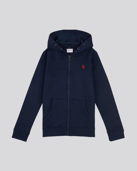 Boys Double Horsemen Zip Hoodie in Dark Sapphire Navy / Haute Red DHM