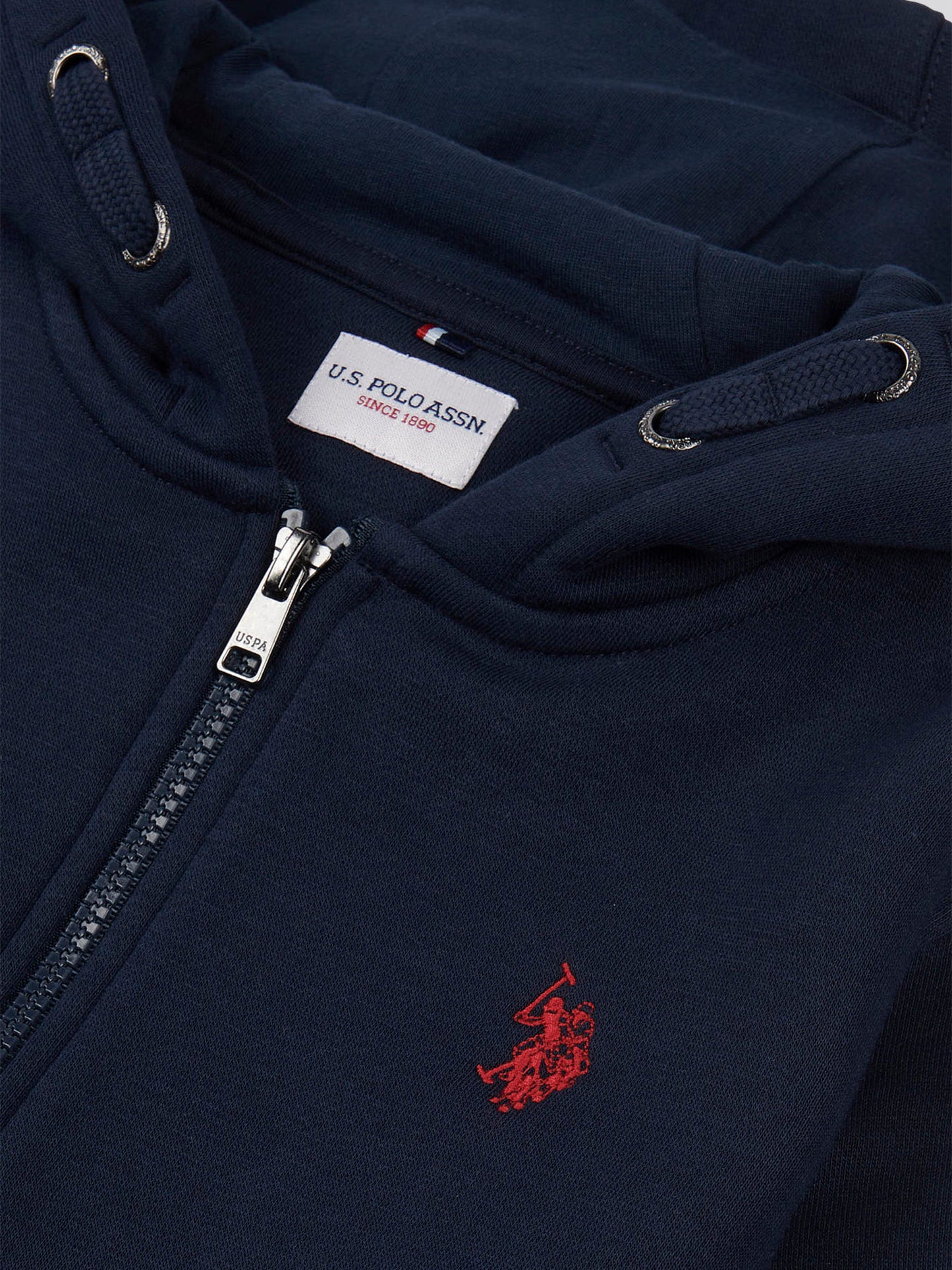 Boys Double Horsemen Zip Hoodie in Dark Sapphire Navy / Haute Red DHM