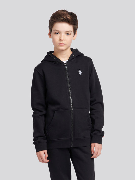 Boys Double Horsemen Zip Hoodie in Black Bright White DHM