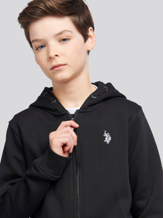 Boys Double Horsemen Zip Hoodie in Black Bright White DHM