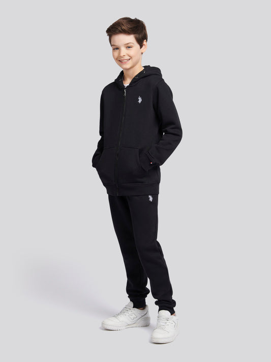 Boys Double Horsemen Zip Hoodie in Black Bright White DHM