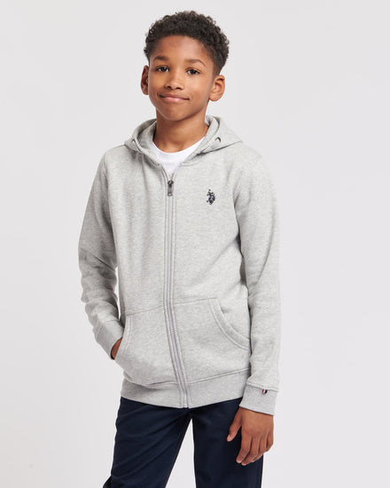 Boys Double Horsemen Zip Hoodie in Mid Grey Marl