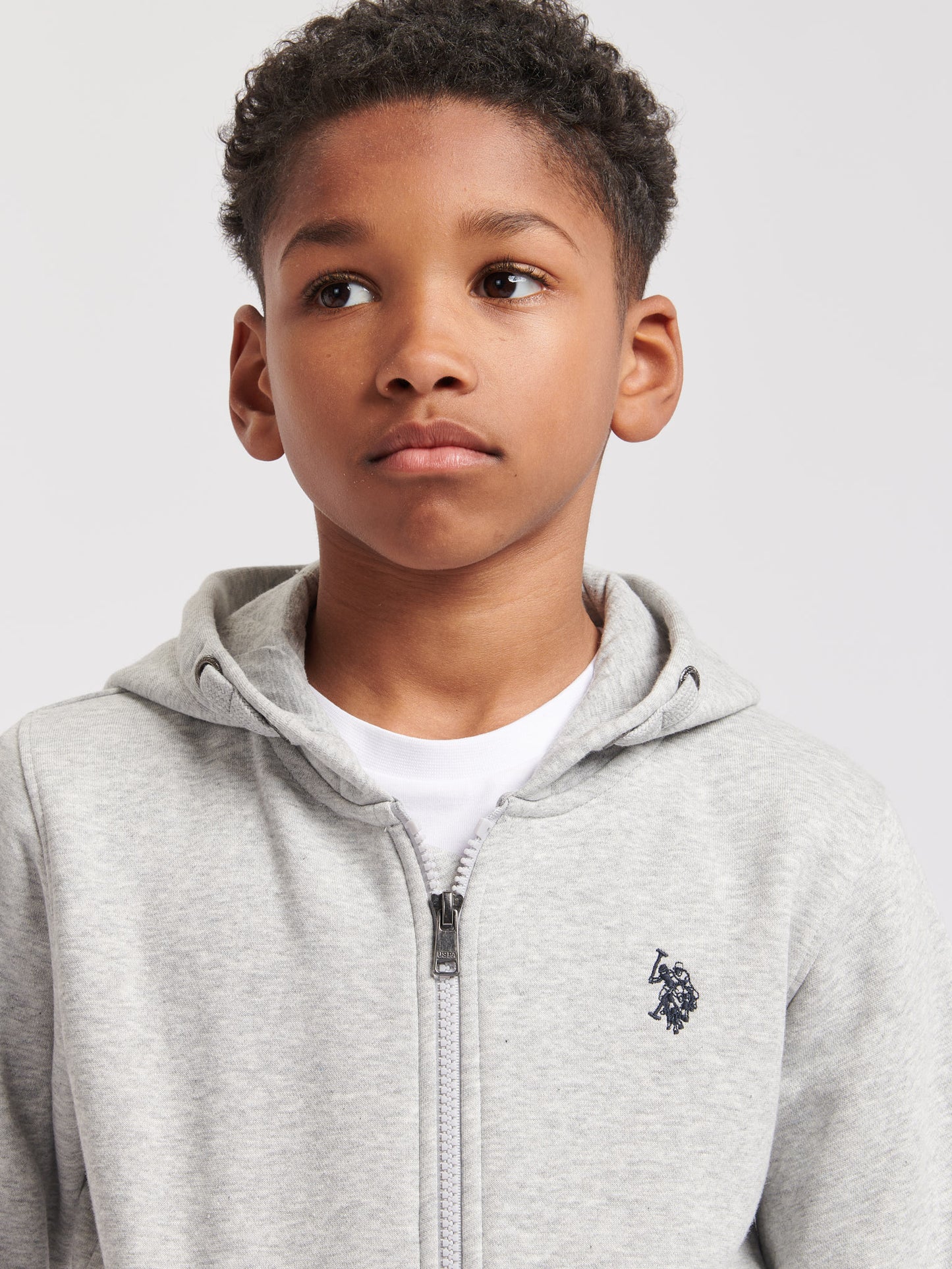 Boys Double Horsemen Zip Hoodie in Mid Grey Marl