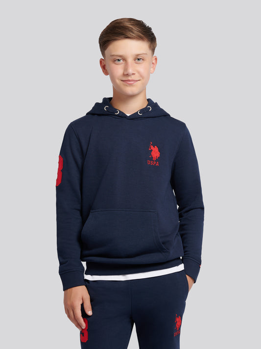 Boys Player 3 Brush Back Hoodie in Dark Sapphire Navy / Haute Red DHM