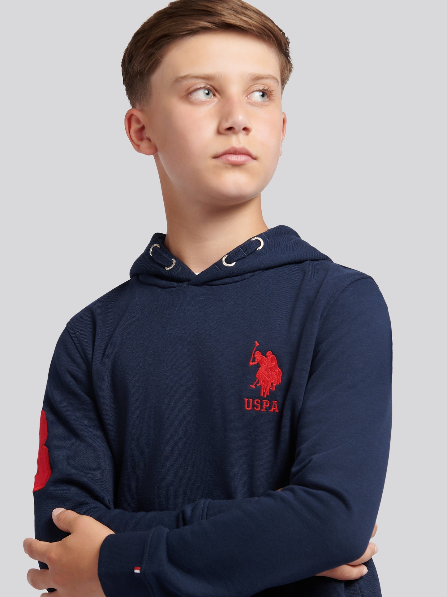 Boys Player 3 Brush Back Hoodie in Dark Sapphire Navy / Haute Red DHM