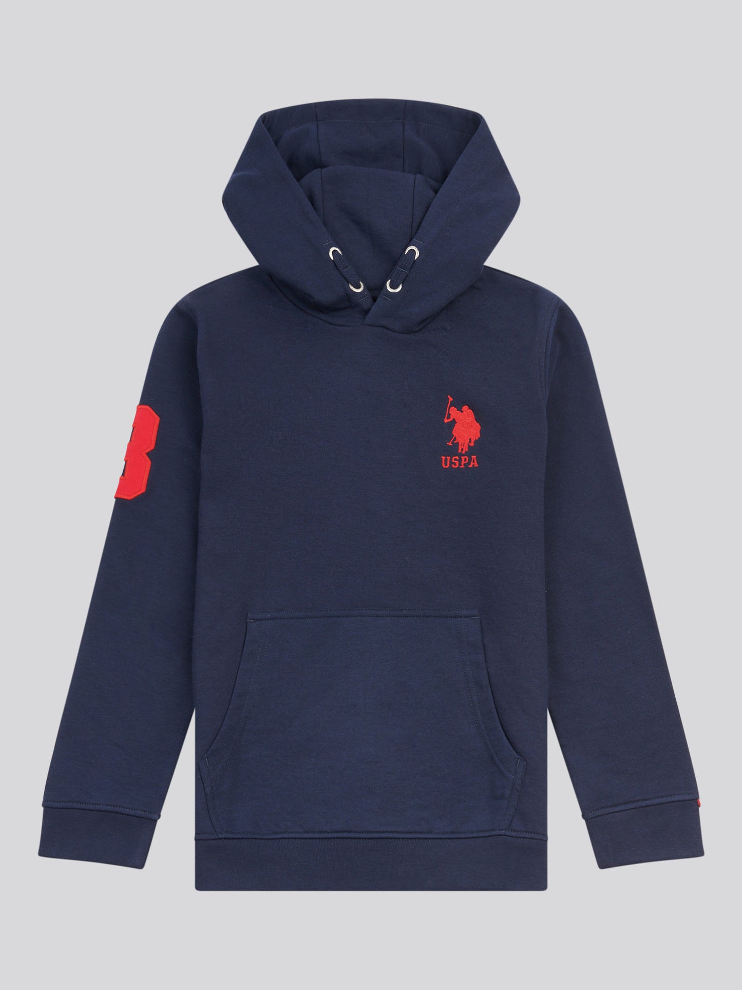 Boys Player 3 Brush Back Hoodie in Dark Sapphire Navy / Haute Red DHM