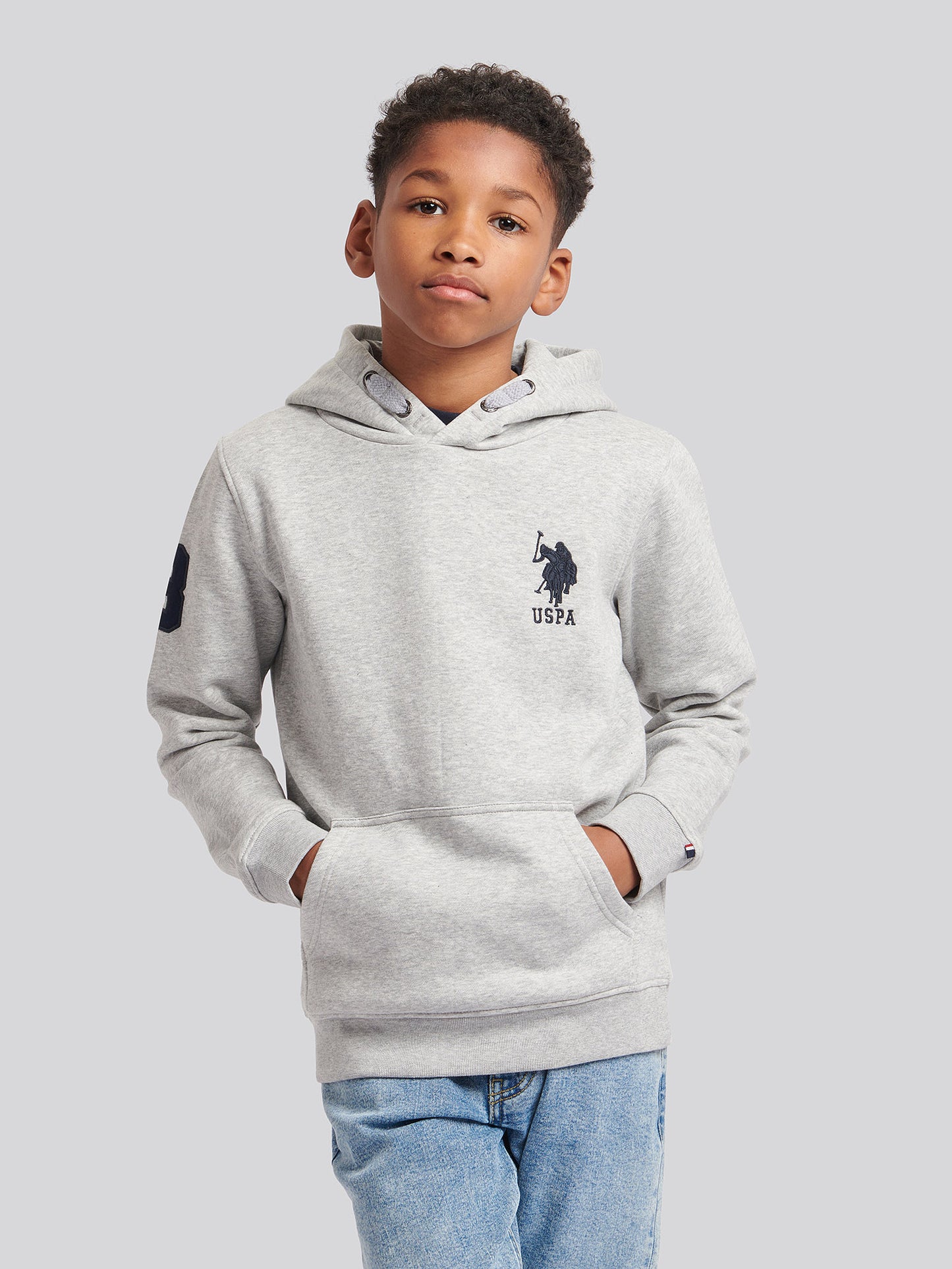 Boys Player 3 Brush Back Hoodie in Mid Grey Marl