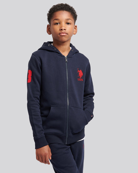 Boys Player 3 Zip Hoodie in Dark Sapphire Navy / Haute Red DHM
