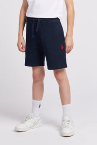 Boys Double Horsemen Sweat Shorts in Dark Sapphire Navy / Haute Red DHM