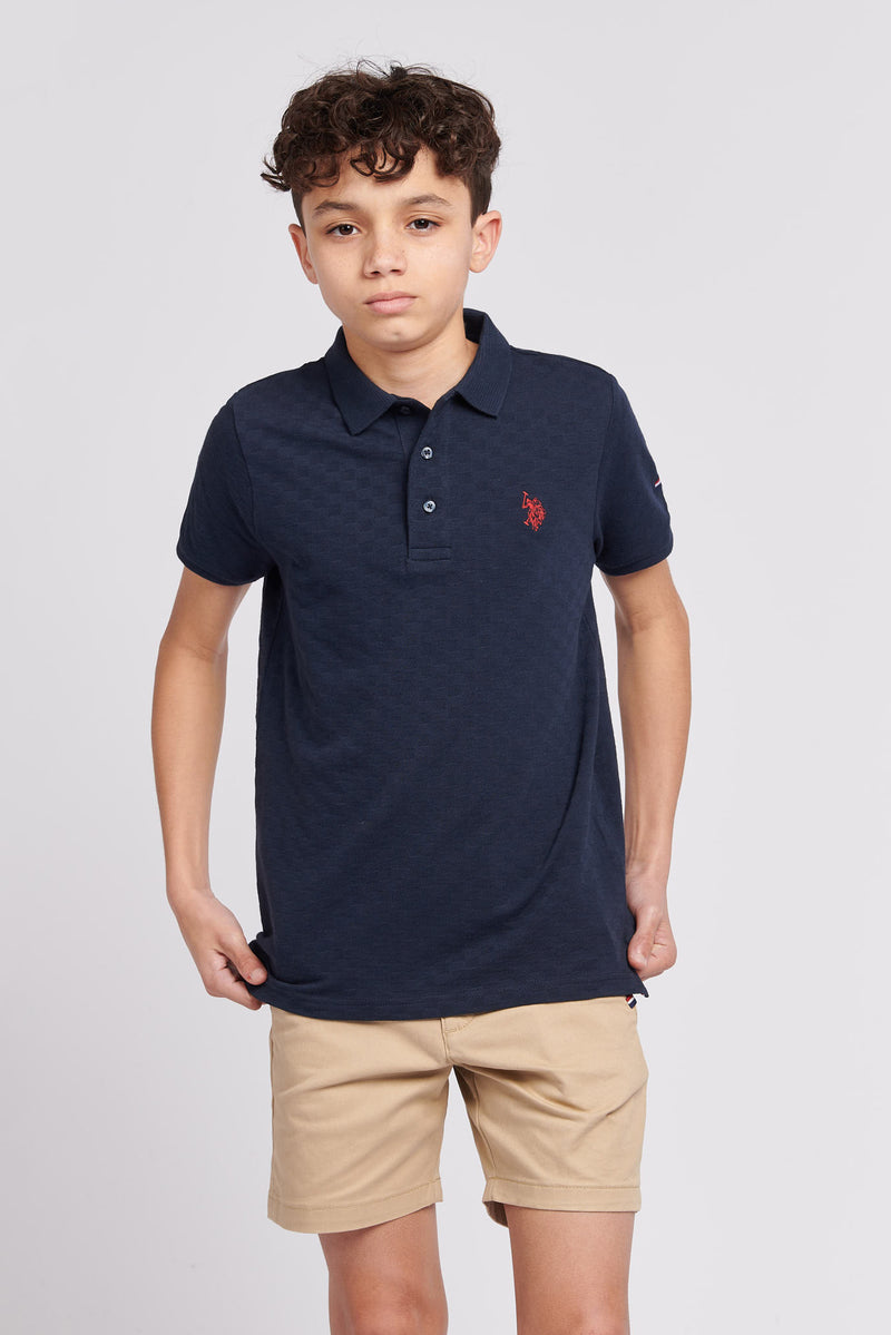 Boys Check Texture Polo Shirt in Dark Sapphire Navy / Haute Red DHM