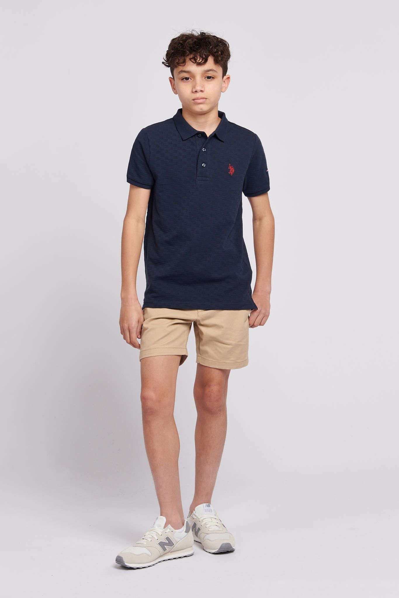 Boys Check Texture Polo Shirt in Dark Sapphire Navy / Haute Red DHM