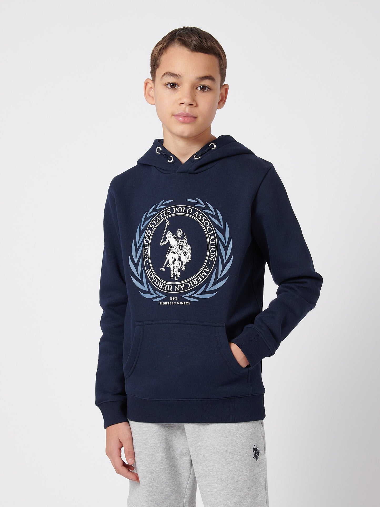 Boys Crest Graphic Hoodie in Dark Sapphire Navy