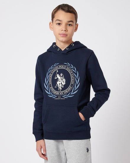 Boys Crest Graphic Hoodie in Dark Sapphire Navy