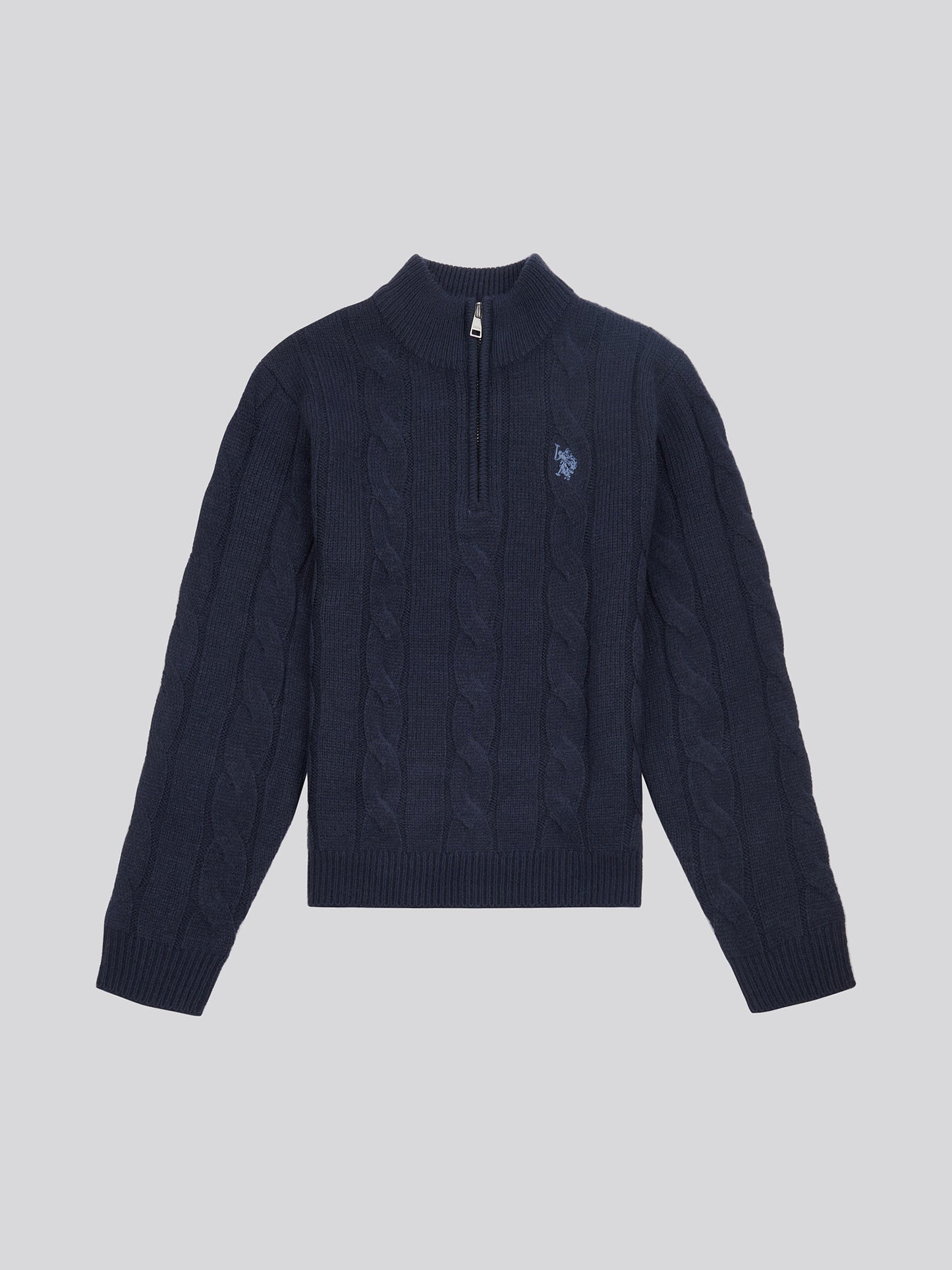 Boys Cable Knit Funnel Neck Jumper in Dark Sapphire Navy / Moonlight Blue DHM