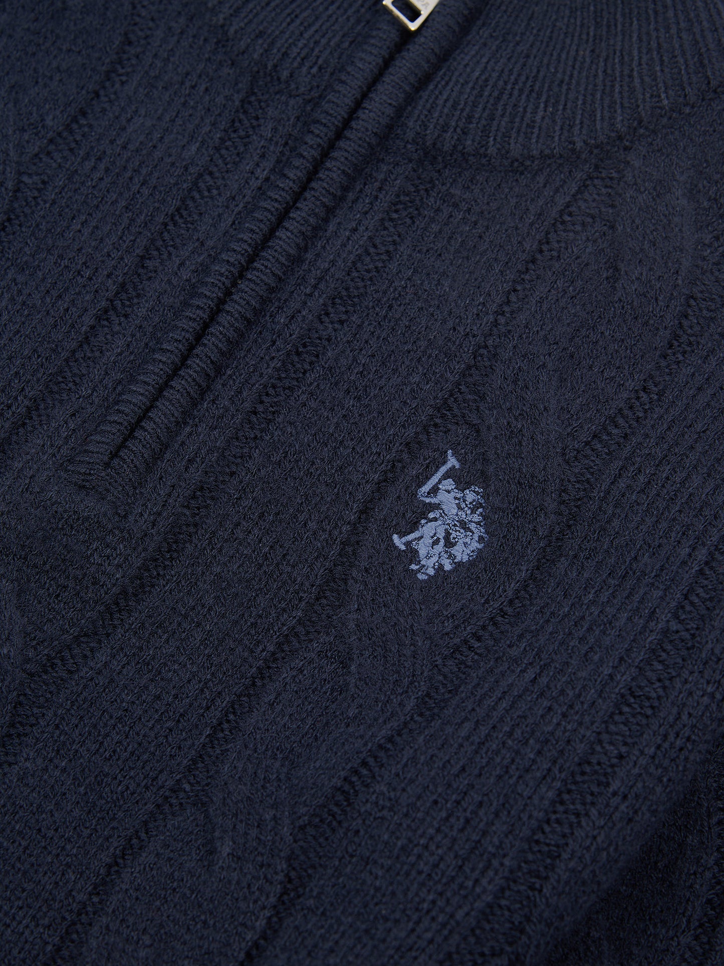 Boys Cable Knit Funnel Neck Jumper in Dark Sapphire Navy / Moonlight Blue DHM