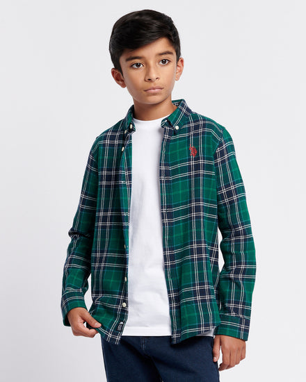 Boys Brushed Flannel Heavyweight Check Shirt in Rain Forest