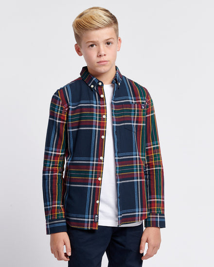 Boys Variation Check Cotton Twill Shirt in Dark Sapphire Navy